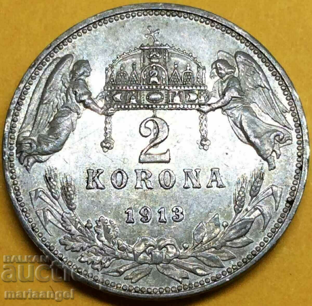 2 coroane 1913 Ungaria Austria Îngeri argint