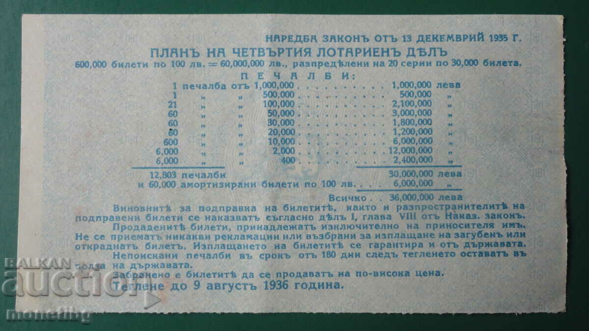 Bulgaria 1936 - Lottery ticket - 6 Bulgaria 1936 - Lottery ticket - 6