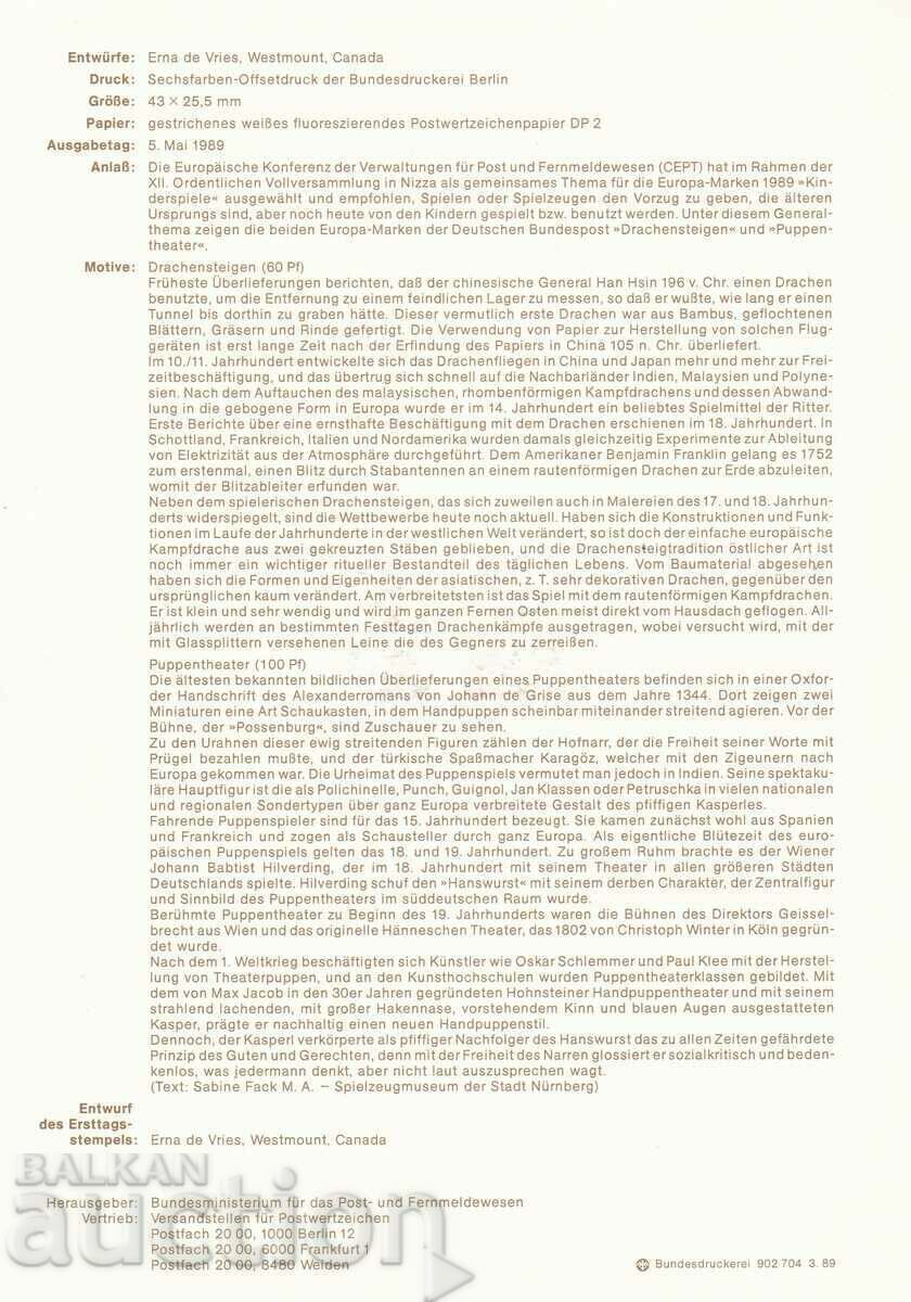 Ersttagsblatt Germany Bonn 1989 Europa Sheet No. 13 with price € 0.80 | 1.56 BGN Ersttagsblatt Germany Bonn 1989 Europa Sheet No. 13 with price € 0.80 | 1.56 BGN