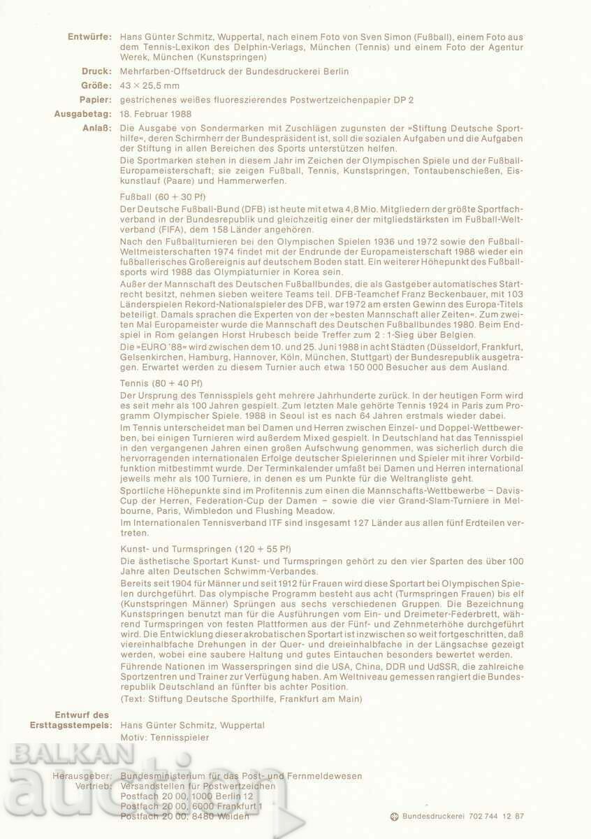 Ersttagsblatt Germany Bonn 1988 Sport No. 6 with price 1.50 BGN | € 0.77 Ersttagsblatt Germany Bonn 1988 Sport No. 6 with price 1.50 BGN | € 0.77