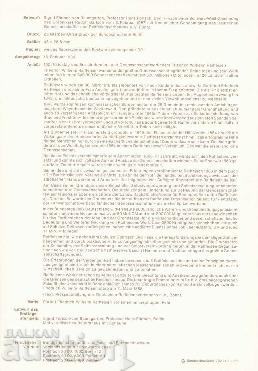 Ersttagsblatt Germania Bonn 1988 Foaia de prima zi nr. 9 cu preț € 0.50 | 0.98 BGN