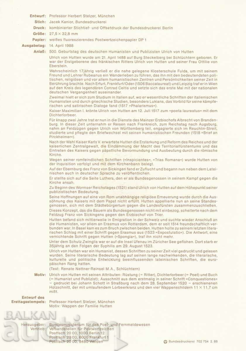 Ersttagsblatt Germany Bonn 1988 First Day Sheet No. 12 with price € 0.50 | 0.98 BGN