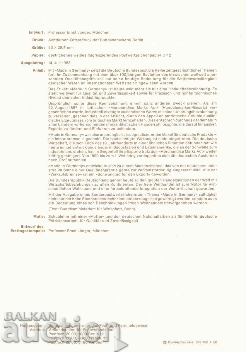Ersttagsblatt Germany Bonn 1988 First Day Sheet No. 23 with price 1.00 BGN | € 0.51 Ersttagsblatt Germany Bonn 1988 First Day Sheet No. 23 with price 1.00 BGN | € 0.51