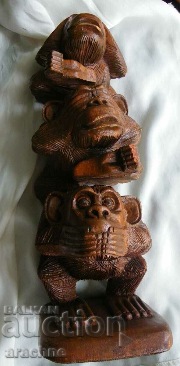 Statueta mare din lemn indoneziană - Cele trei maimuțe budiste