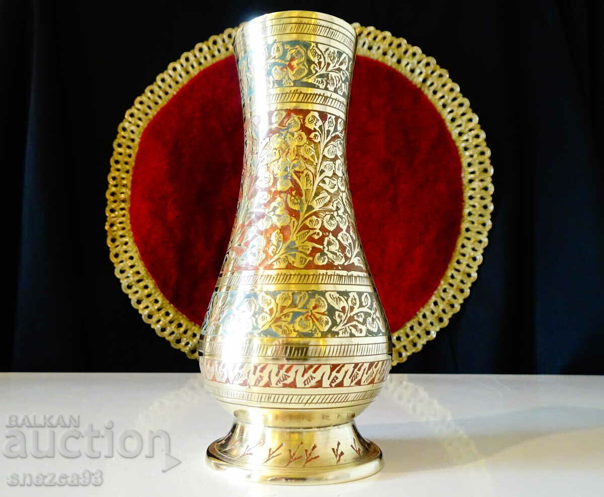 Bronze vase, colored enamel, British India, marked.