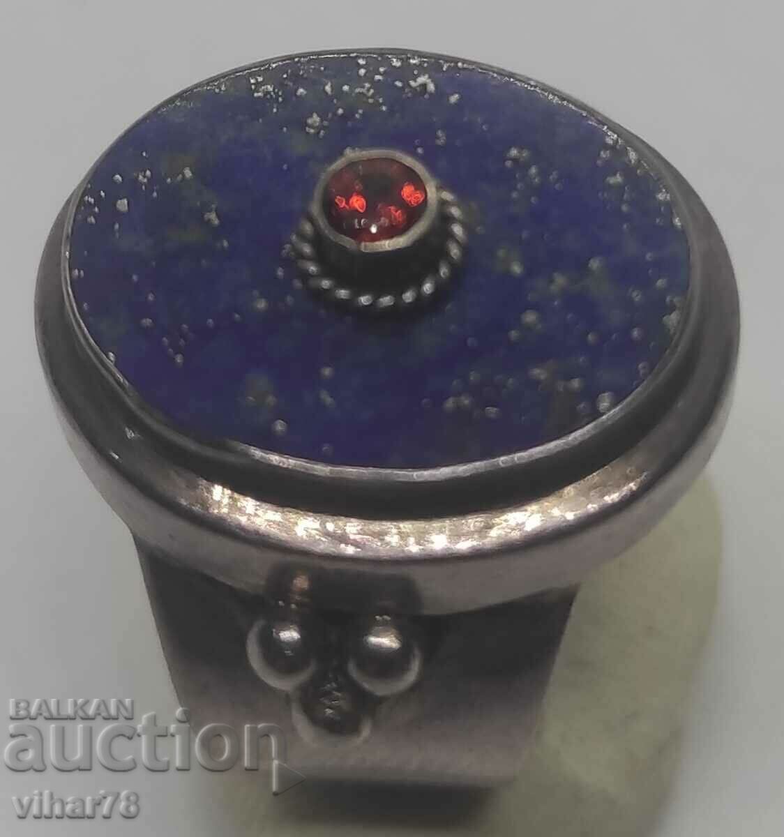 Solid silver women's ring with lapis lazuli and garnet