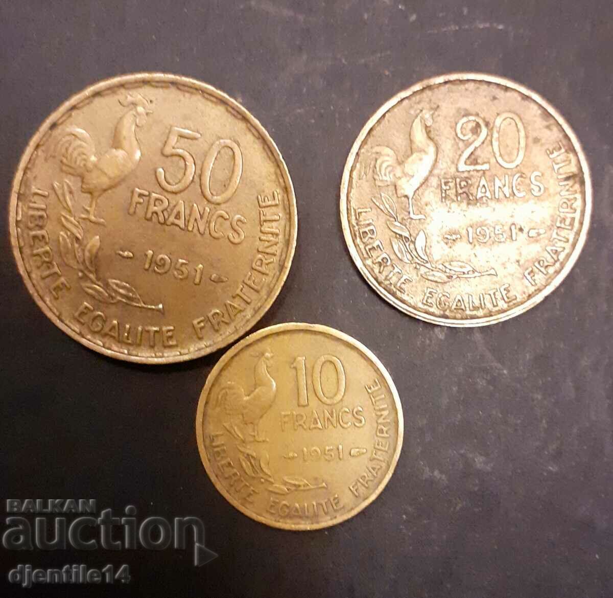 Coins France 50, 20, 10, francs