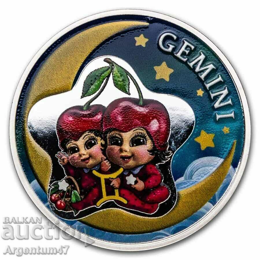 1/2 OZ ARGINT GHANA - GEMENI ZODIACI BEBELUȘTI DE FRUMEȘTE COLORATE