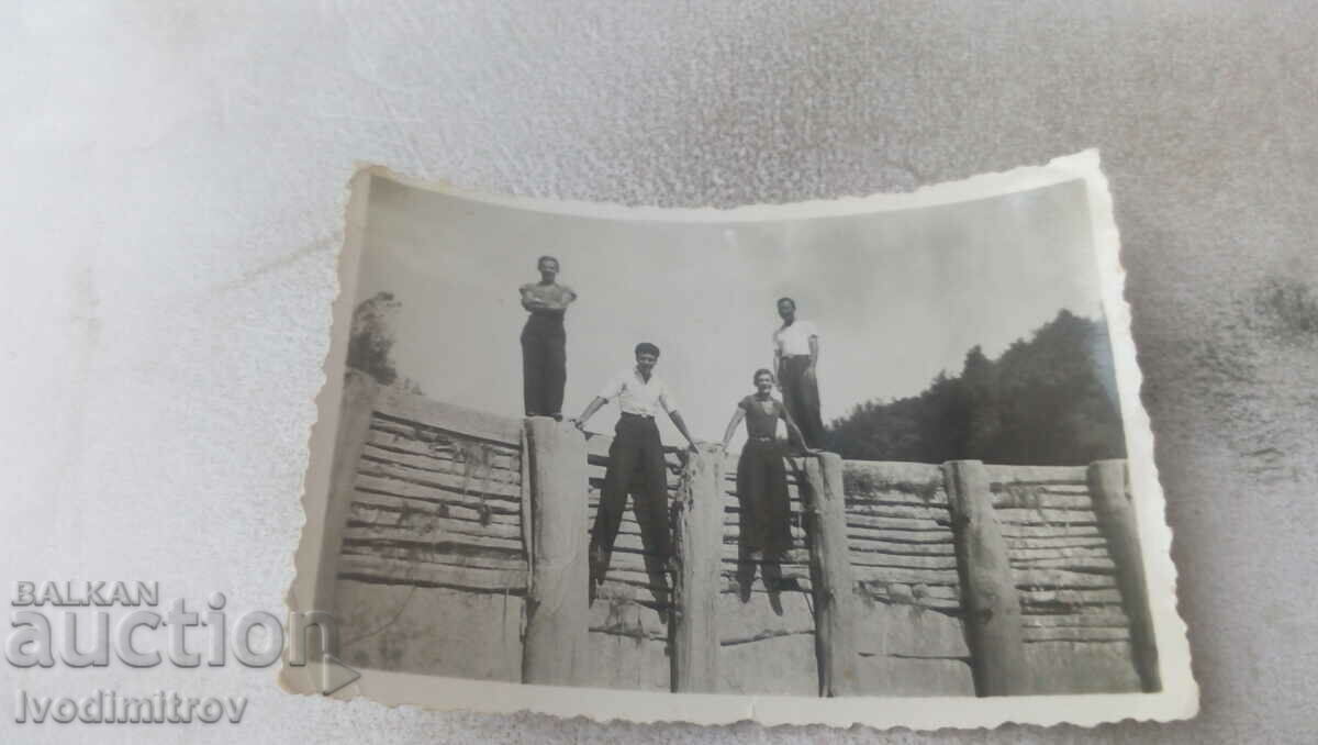 Photo Four young men on a wooden dam