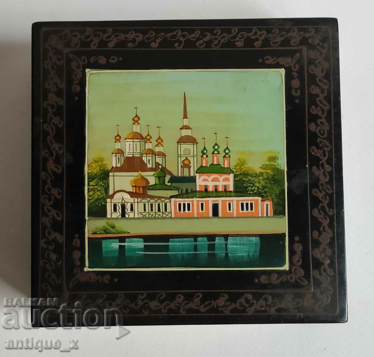 Old Russian lacquered hand painted box - landscape