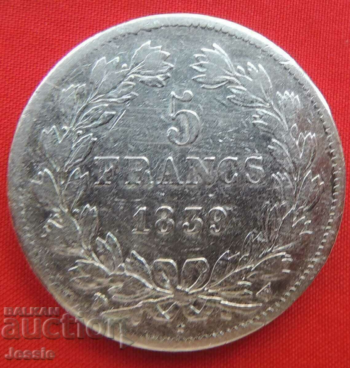 5 Francs 1839 W France Silver - Lille