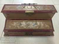 Old jewelry box hand painted leather brass wood fabric