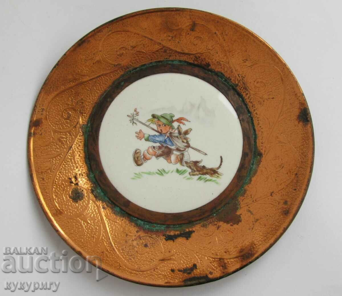 Стара немска детска чиния за стена порцелан и мед