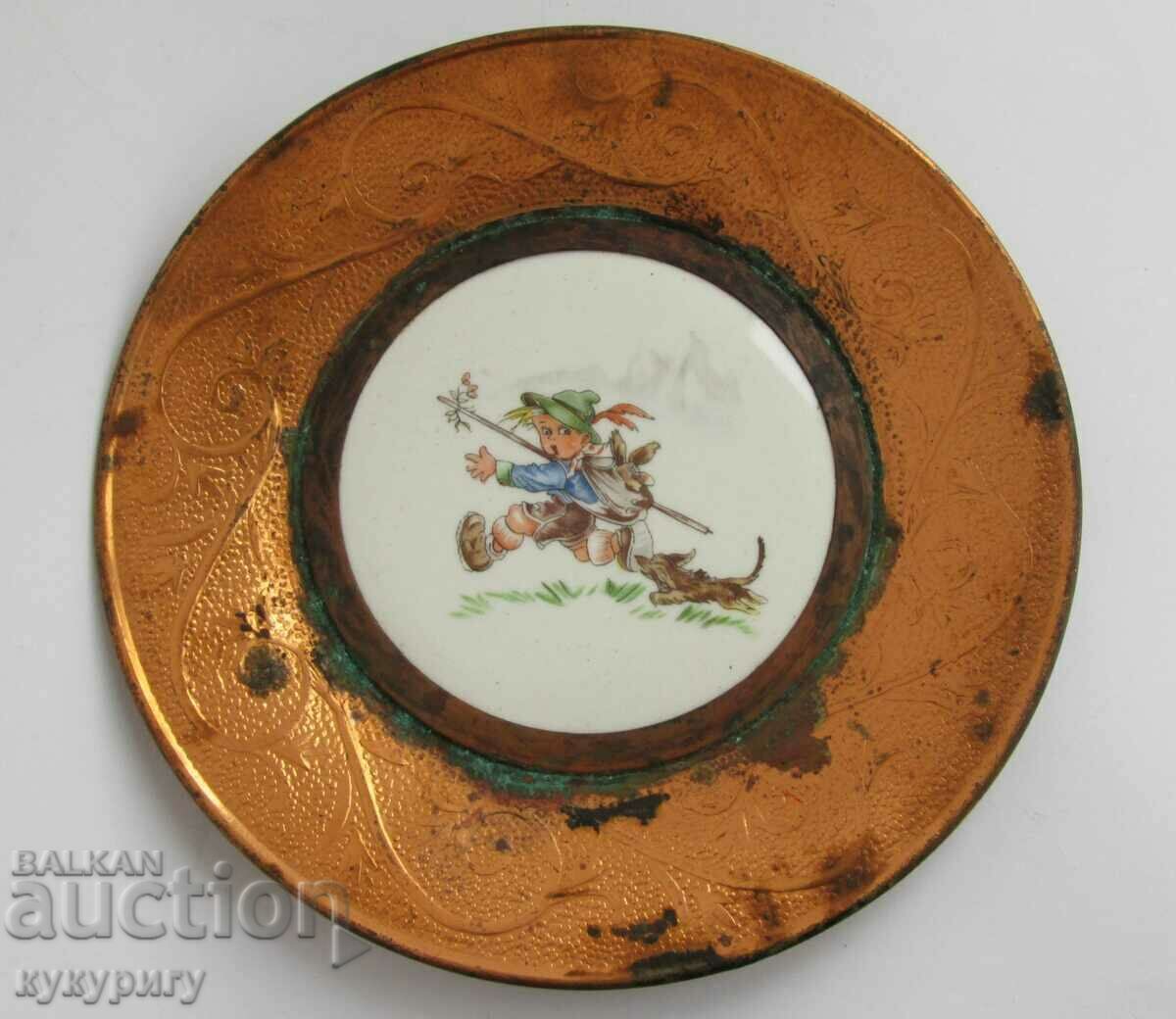 Old German children's wall plate porcelain and copper