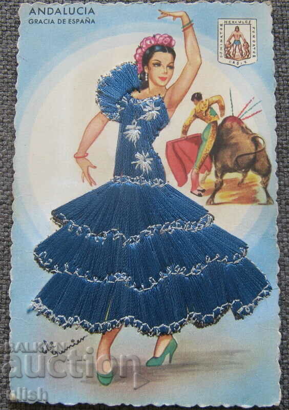 Испания памук бродирана танцьорка стара картичка ПК