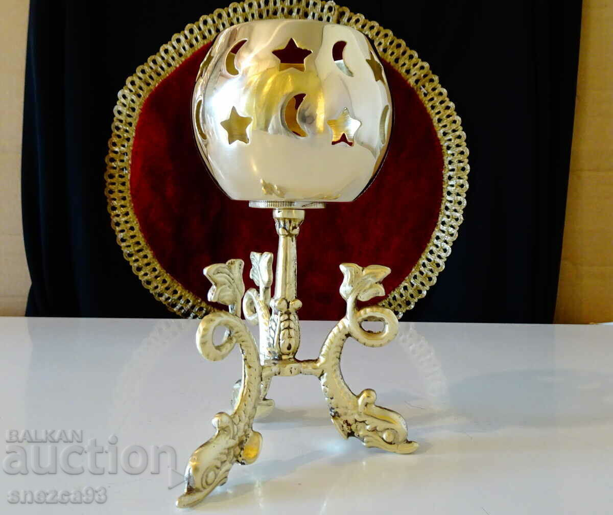 Bronze candlestick, fish, Christianity, moon, stars Bronze candlestick, fish, Christianity, moon, stars