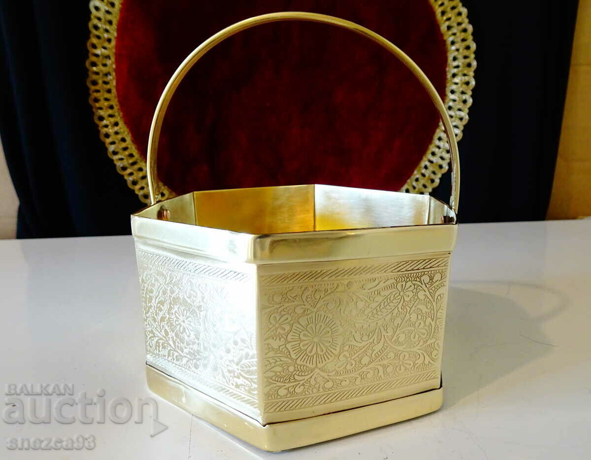 Brass box, bowl with embossed flowers.