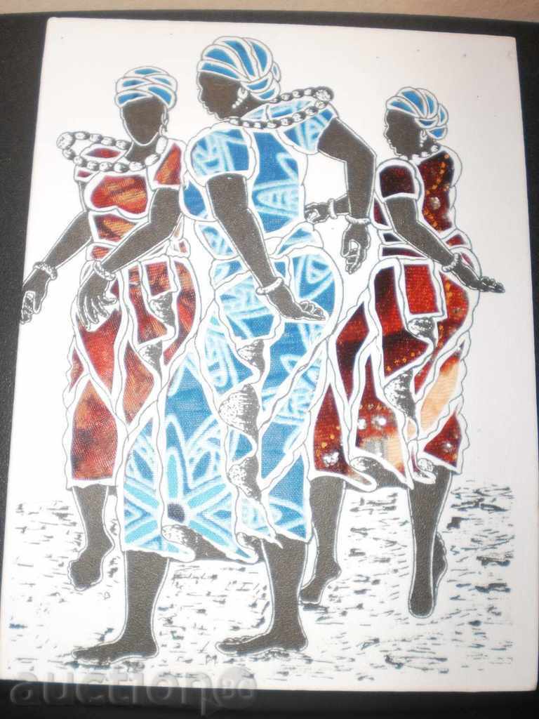 Художествена картичка  върху текстилна основа-Танцуващи жени