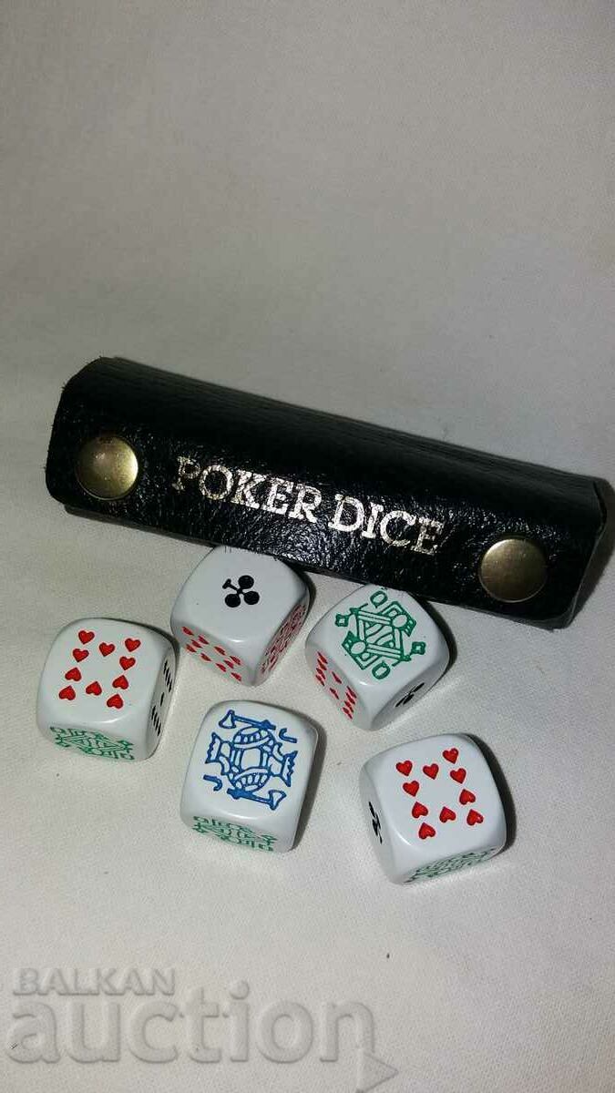Poker dice in a leather case with instructions