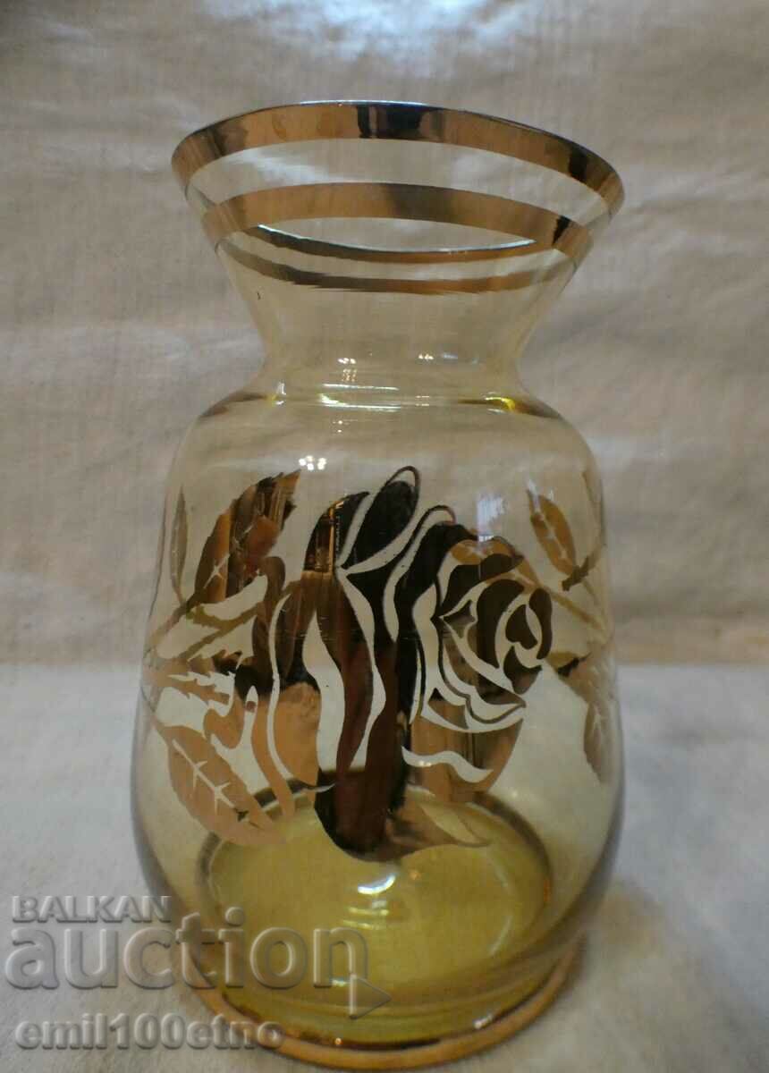 Красива стара ваза тънко стъкло украса Роза позлата