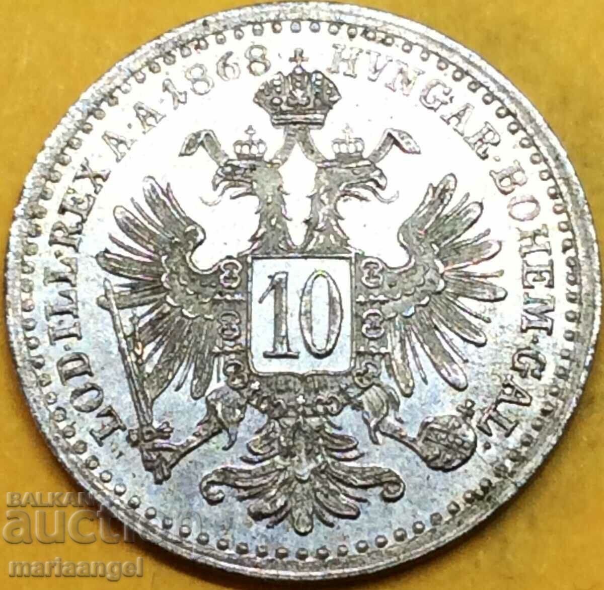 10 Kreuzer 1868 Hungary Franz Joseph Silver - quite rare