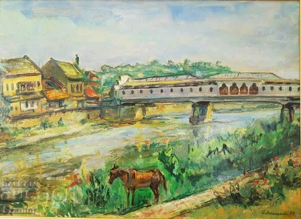 Stanka Vasileva the covered bridge in Lovech 1974 oil paints with price 1700.00 BGN | € 869.20 Stanka Vasileva the covered bridge in Lovech 1974 oil paints with price 1700.00 BGN | € 869.20