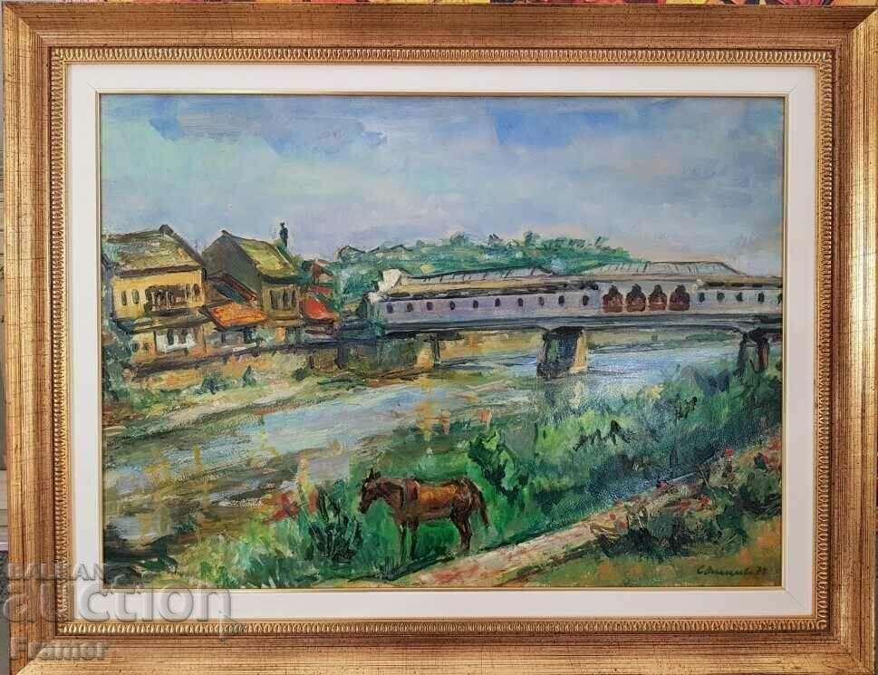 Stanka Vasileva the covered bridge in Lovech 1974 oil paints Stanka Vasileva the covered bridge in Lovech 1974 oil paints