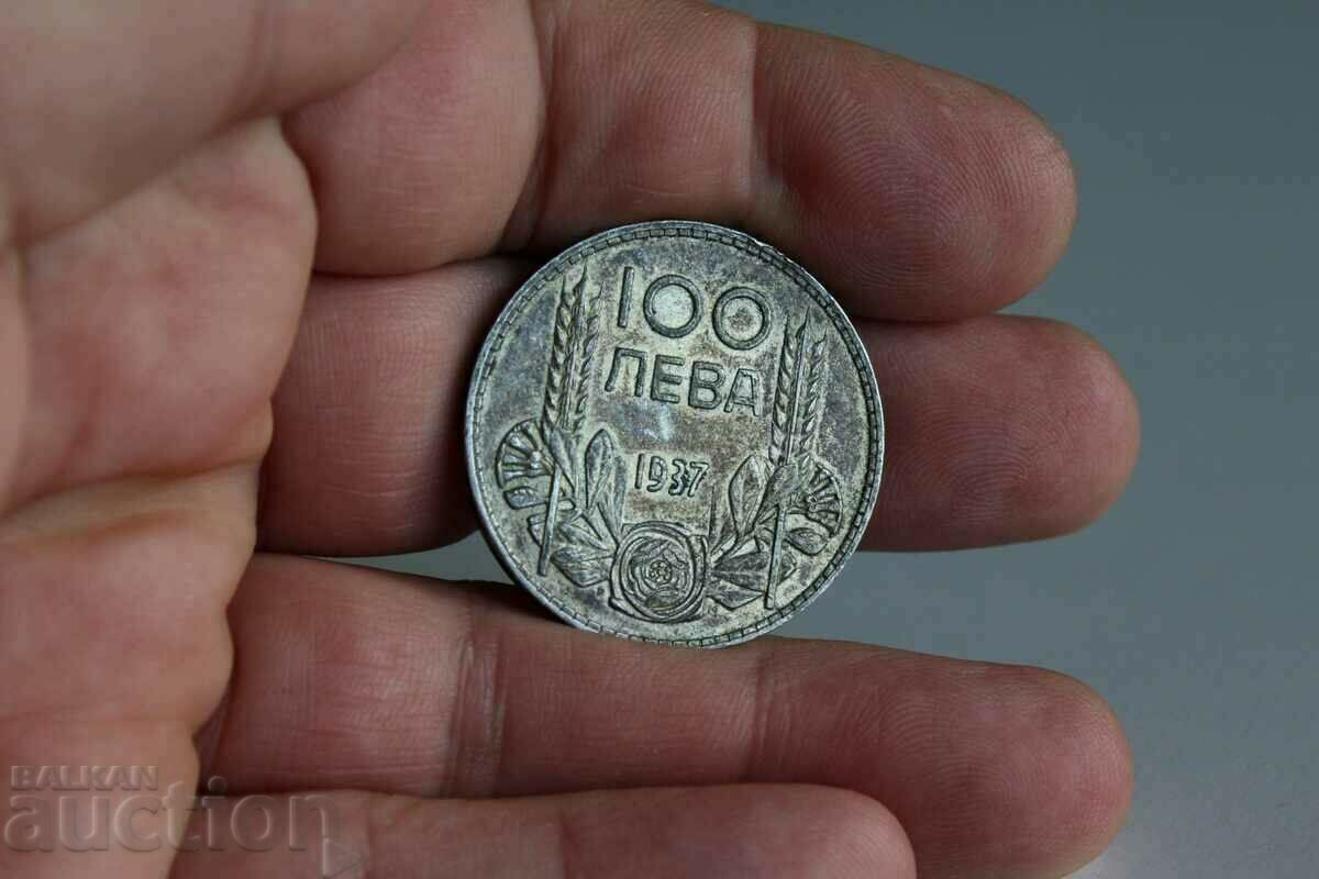100 BGN 1937 MONEDĂ EXCELENTĂ DE ARGINT CU PATINA BULGARIA