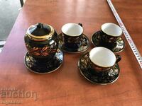 CERAMIC COFFEE CUPS 3 PCS AND SUGAR BOWL GOLD PLATED