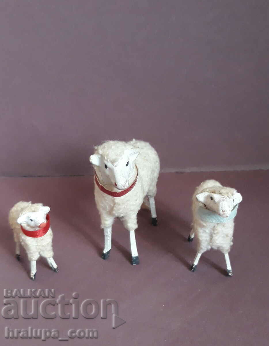 Old set of figures sheep lambs Papier mache