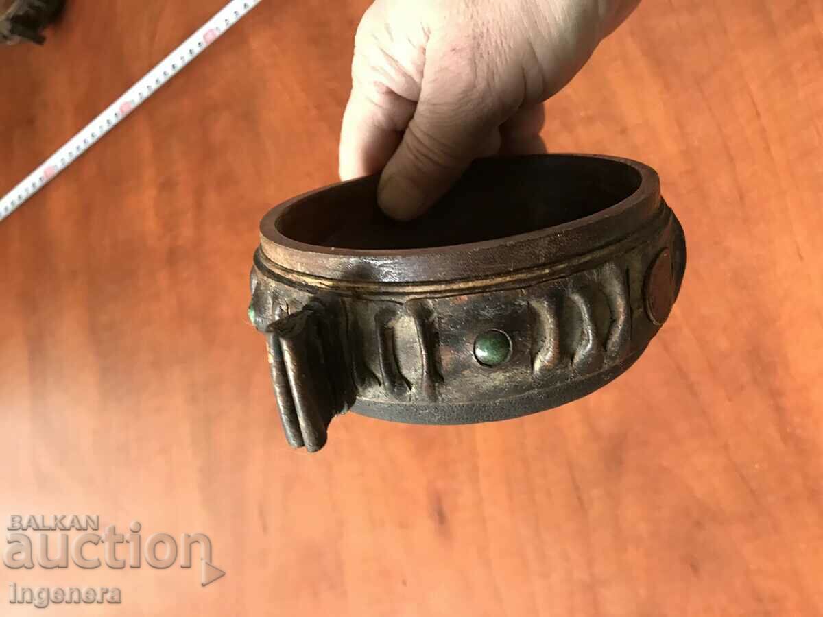 Auction BOWL NUTS CANDY WOOD AND LEATHER Auction BOWL NUTS CANDY WOOD AND LEATHER