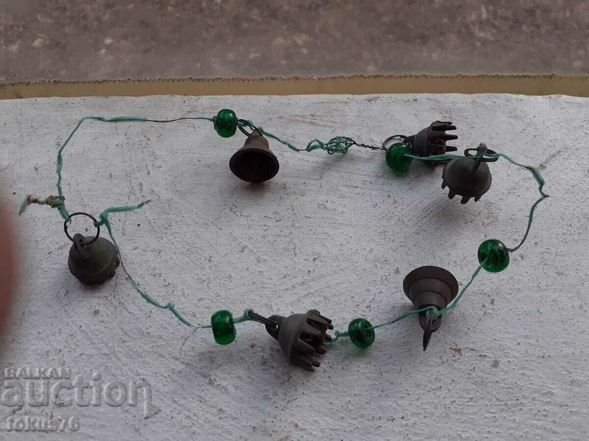 Auction  Old ornament with bronze bells and green glass tied with wire