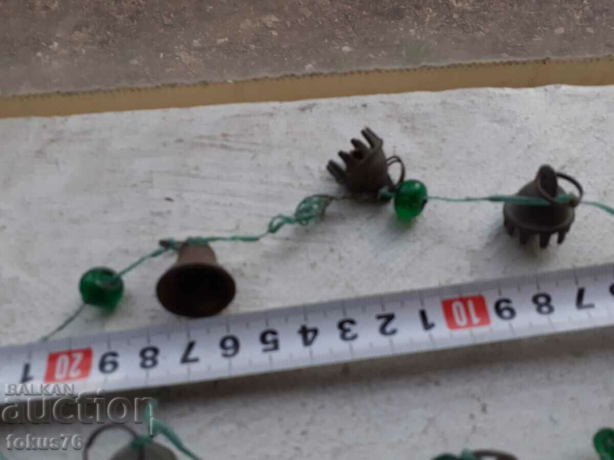 Old ornament with bronze bells and green glass tied with wire - 5