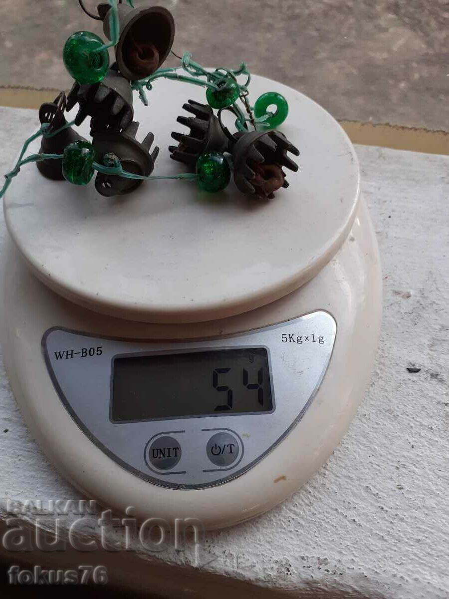 Old ornament with bronze bells and green glass tied with wire - 6