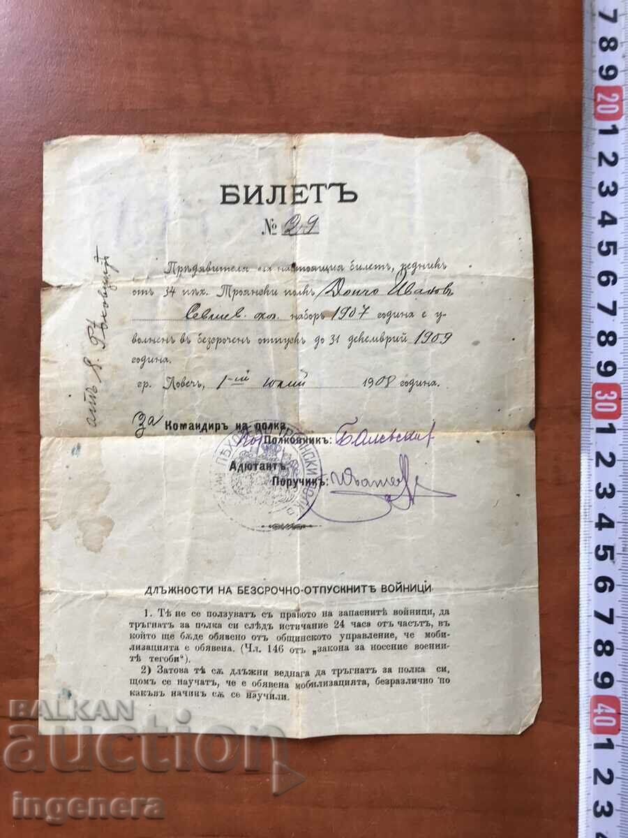 1908 BILET DE DESCARCARE A SOLdatului.