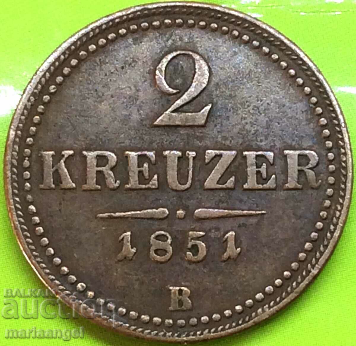 2 Kreuzers 1852 Αυστρία 11g χαλκός - σπάνιος!!!