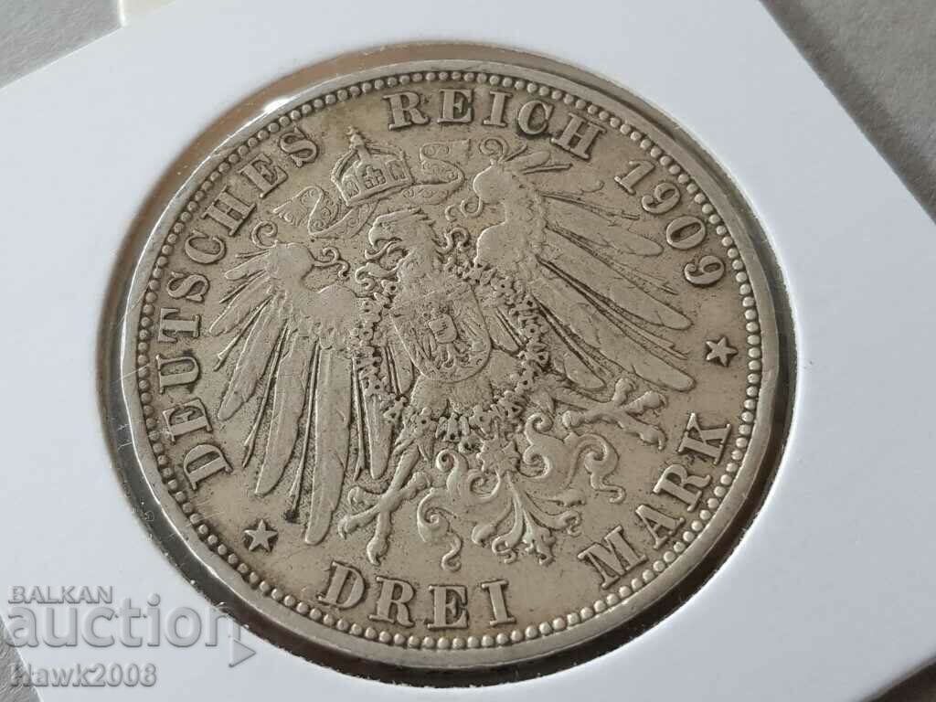 Auction  3 Marks 1909 A Prussia Germany Rare Silver Coin