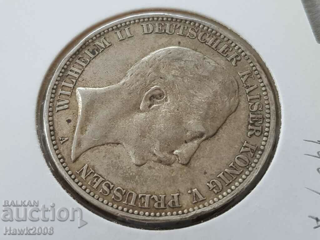 3 Marks 1909 A Prussia Germany Rare Silver Coin - 6