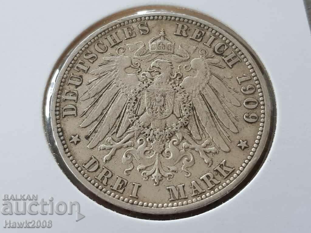 3 марки 1909 А Прусия Германия Рядка Сребърна монета