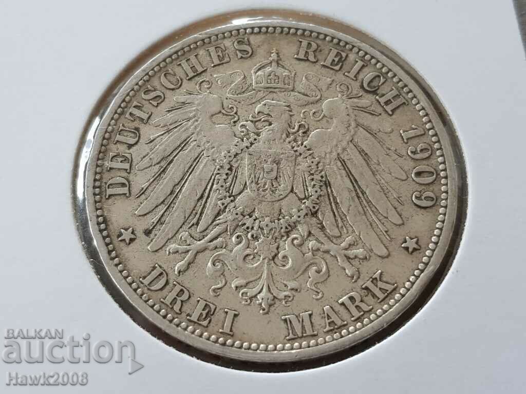 3 Marks 1909 A Prussia Germany Rare Silver Coin
