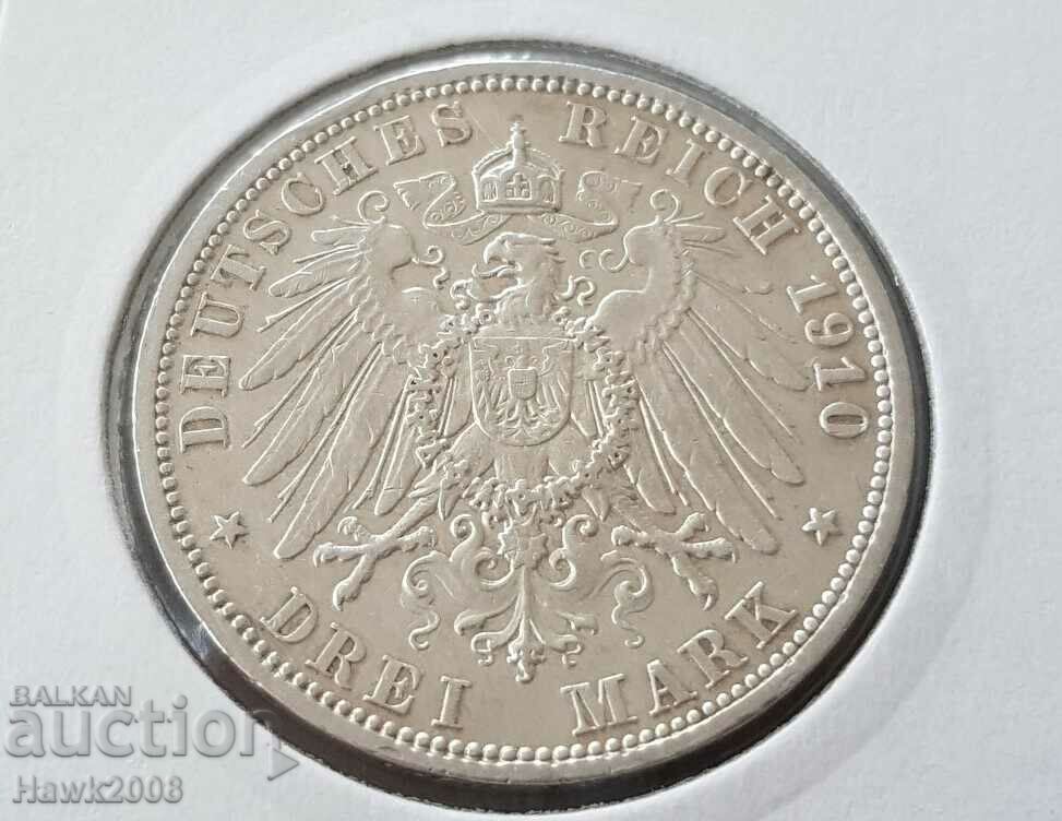 3 Marks 1910 A Prussia Germany Rare Silver Coin