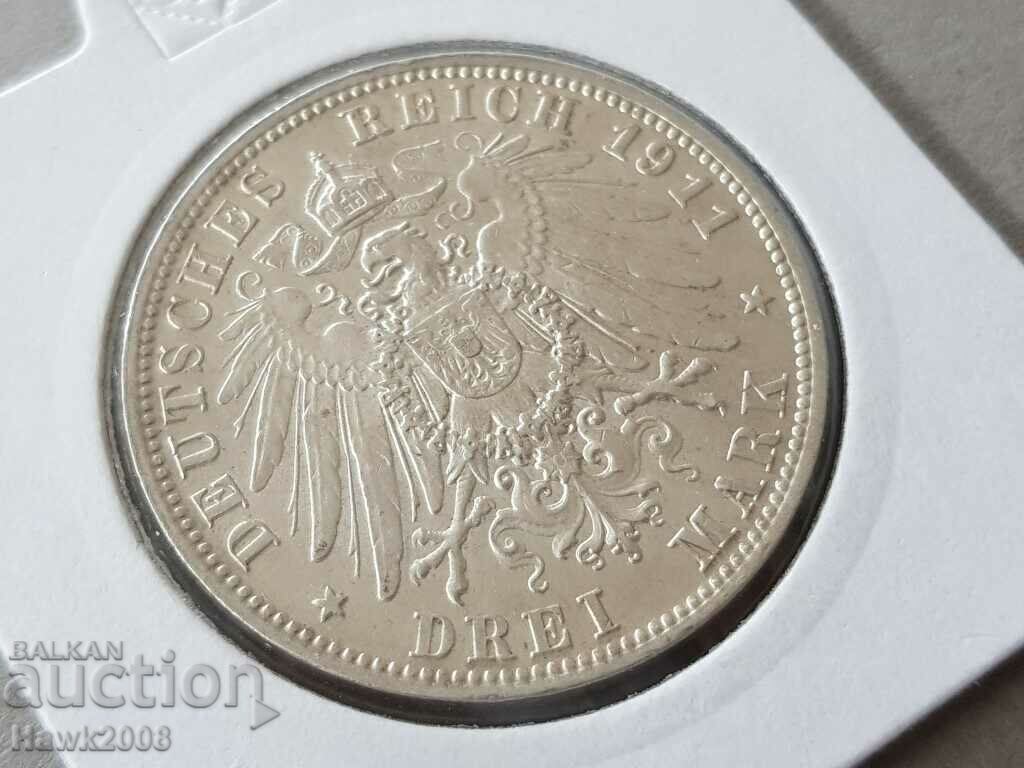 Auction  3 Marks 1911 D Bavaria Germany Rare Silver Coin