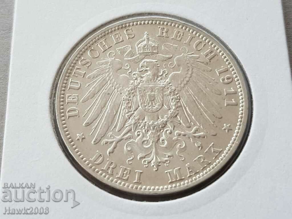 3 марки 1911 D Бавария Германия Рядка Сребърна монета