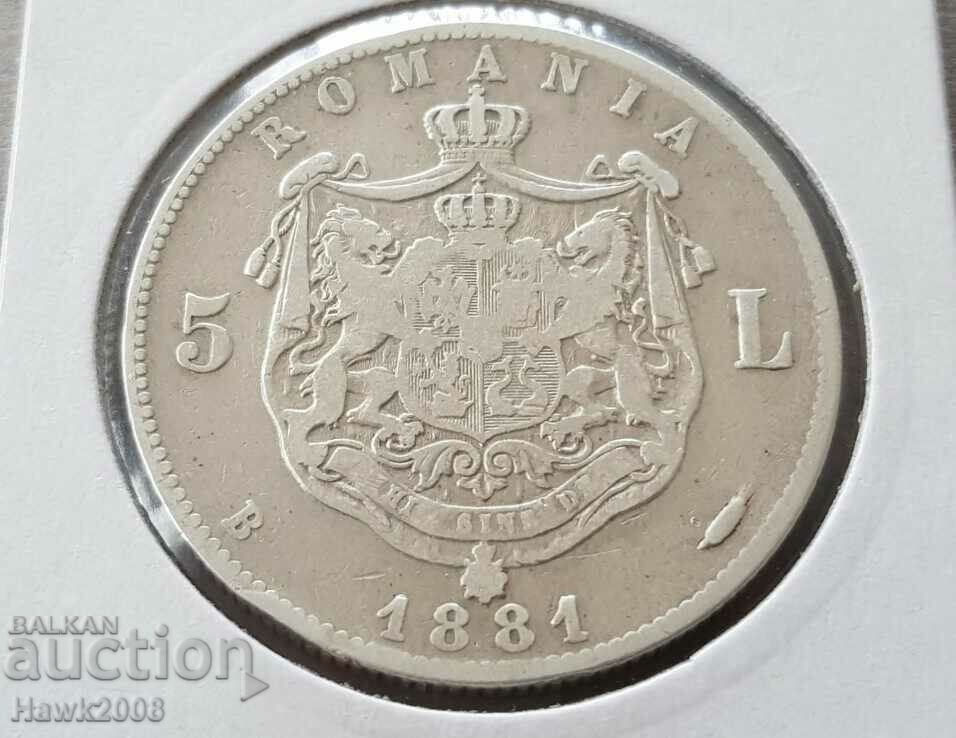 5 lei 1881 Kingdom of Romania CAROL 1 Rare Silver Coin