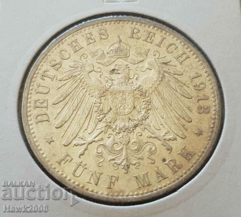 5 марки 1913 А Прусия Германия Рядка Сребърна монета ЩЕМПЕЛ