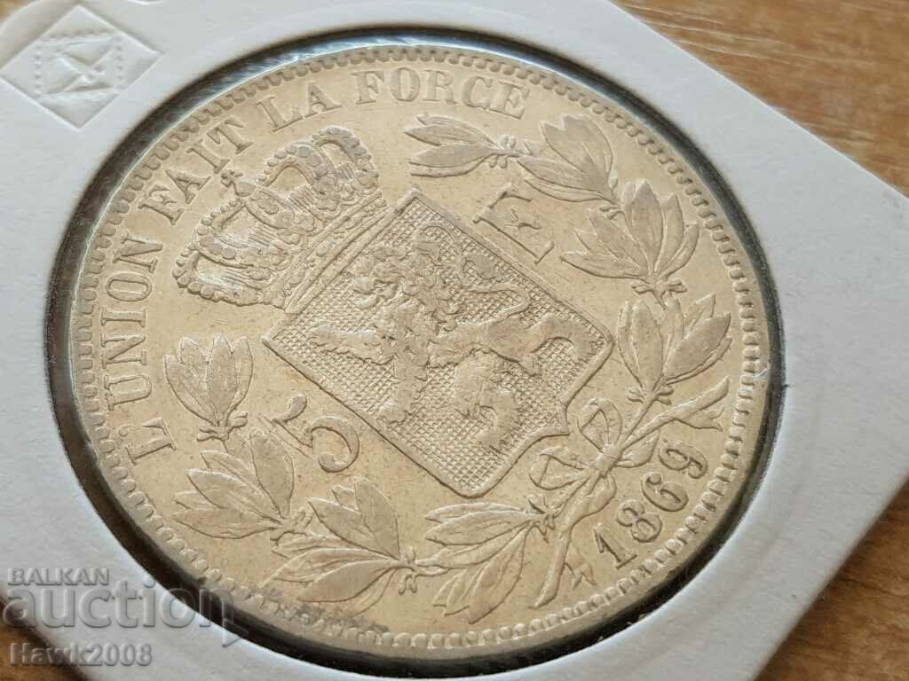 Auction 5 Franc Belgium 1869 silver coin in SUPER condition Auction 5 Franc Belgium 1869 silver coin in SUPER condition
