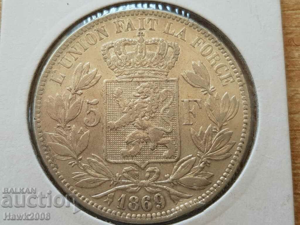 5 Franc Belgium 1869 silver coin in SUPER condition 5 Franc Belgium 1869 silver coin in SUPER condition