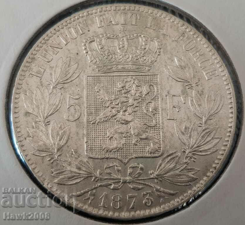 5 Франка Белгия 1873 сребърна монета в СУПЕР състояние