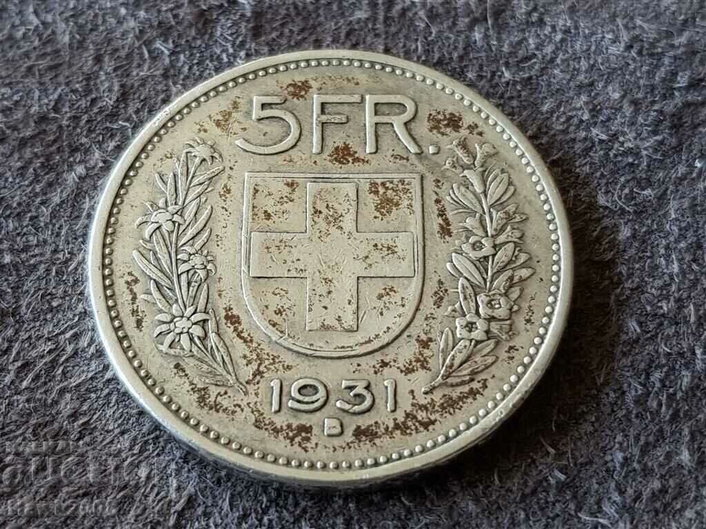 5 franci 1931 Elveția ARGINT monedă de argint argint