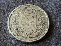 5 franci 1931 Elveția ARGINT monedă de argint argint